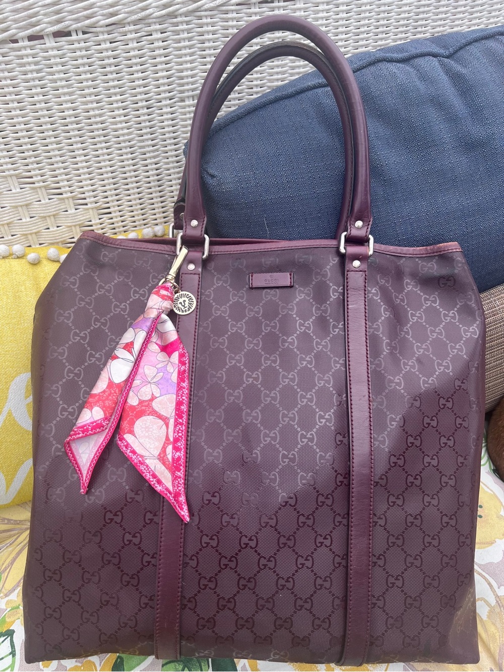 Gucci Iconic GG Imprime Joy Large Tote in a Vino Coated Canvas w/ Leather Trim